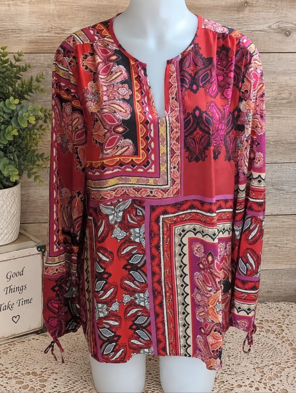 size 2 Chico's Red And Orange Paisley Blouse